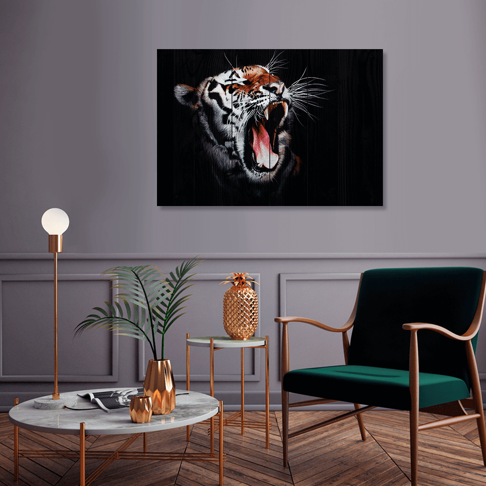 Картина Оскал Тигра на натуральном хлопковом холсте, на подрамнике, в  подарок для интерьера