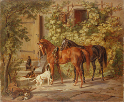 «Лошади у крыльца» репродукция картины на холсте